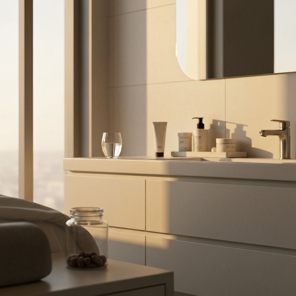 Morgenlicht auf Glas Wasser und Vitamin-Glas auf Nachttisch