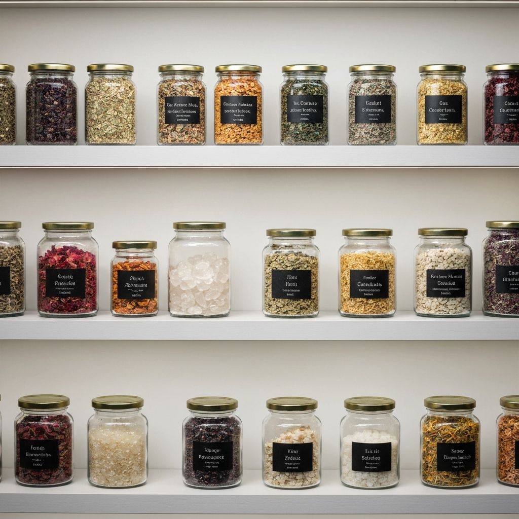 Cinematic Supplement-Regal mit Gläsern von Kräutern und Mineralien, künstlerische Anordnung